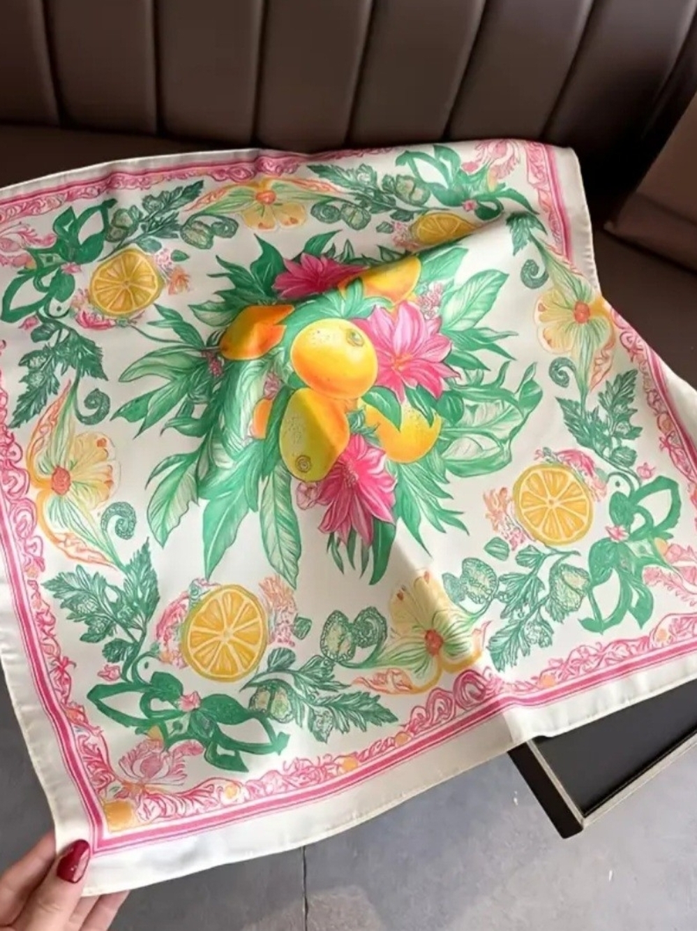 Silk-feel Vibrant Citrus Floral Scarf in Yellow, GreenPink Headscarf, Neckscarf